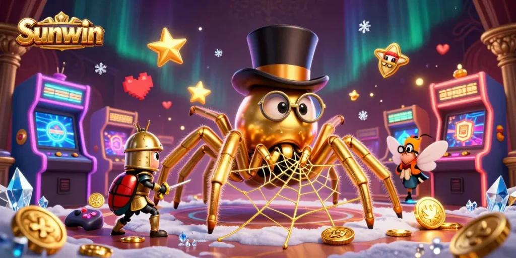 Experience thrilling games at Sunwin with a cartoon scene featuring a giant tarantula and knights amidst vibrant casino elements.
