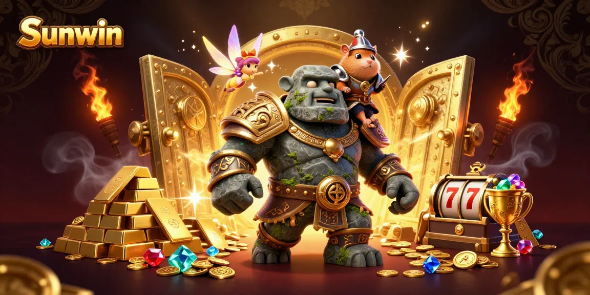 Sunwin offers an enchanting online gaming experience featuring a magical golem and treasure elements.