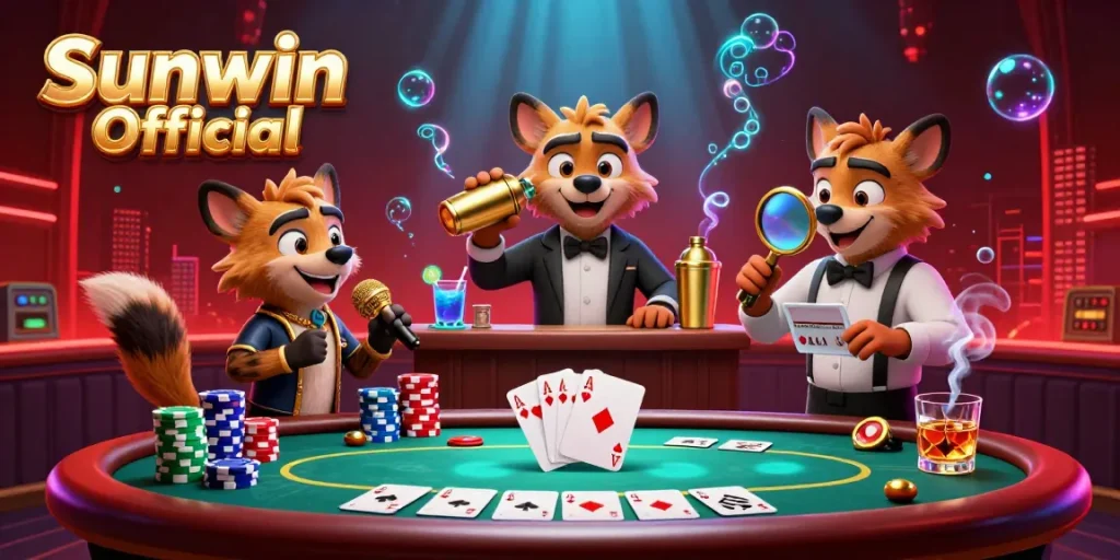 Experience fun and excitement with Sunwin Official at this vibrant comedy casino club featuring hyena characters.
