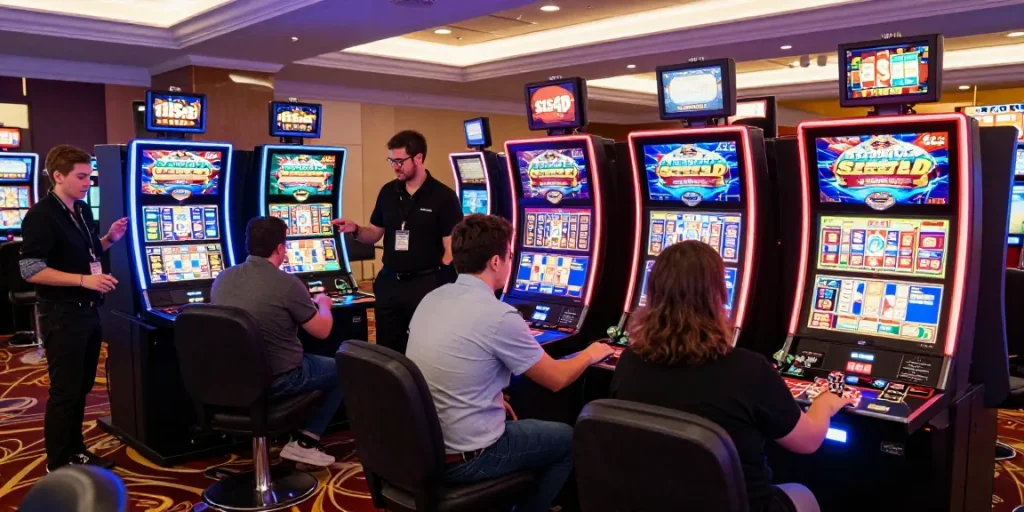 Pengalaman bermain slot yang menarik di situs sis4d dengan warna cerah dan atmosfer kasino yang mendebarkan.