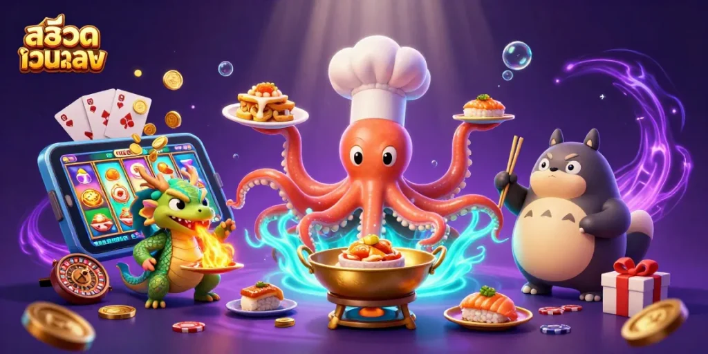 Experience fun and thrill with สล็อตเว็บตรง as a sushi chef octopus and dragon in an exciting gaming scene.