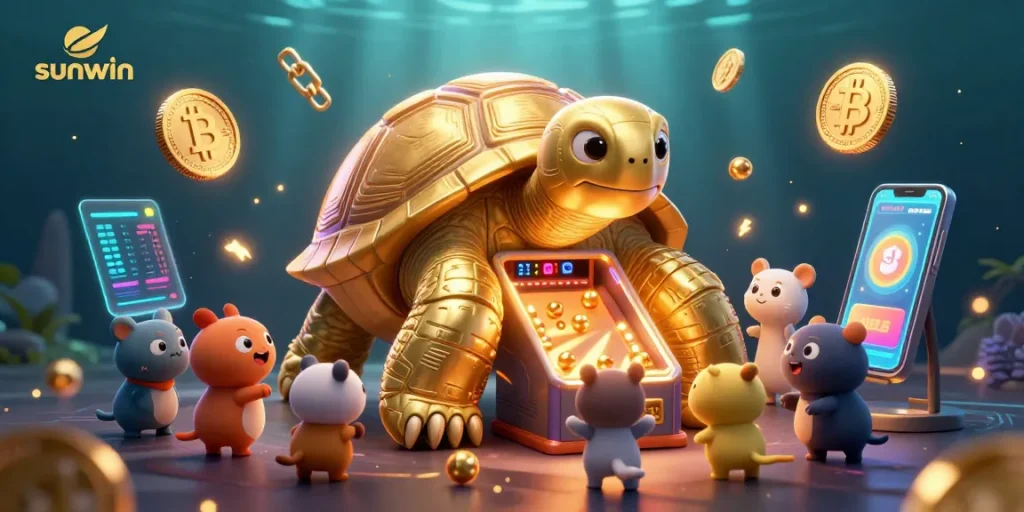 Experience the excitement of sunwin with a vibrant 3D casino illustration featuring a playful tortoise and crypto elements.