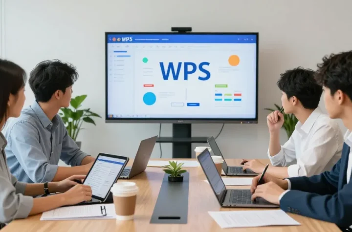 团队在现代办公室使用WPS进行协作，展示高效办公的场景。