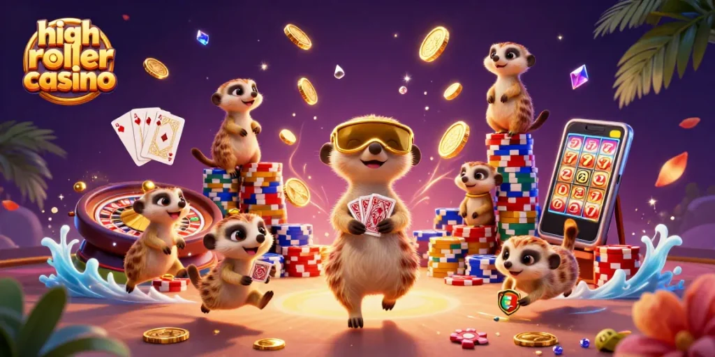 Experience the excitement of a high roller casino with meerkats engaging in games as golden coins cascade around them.